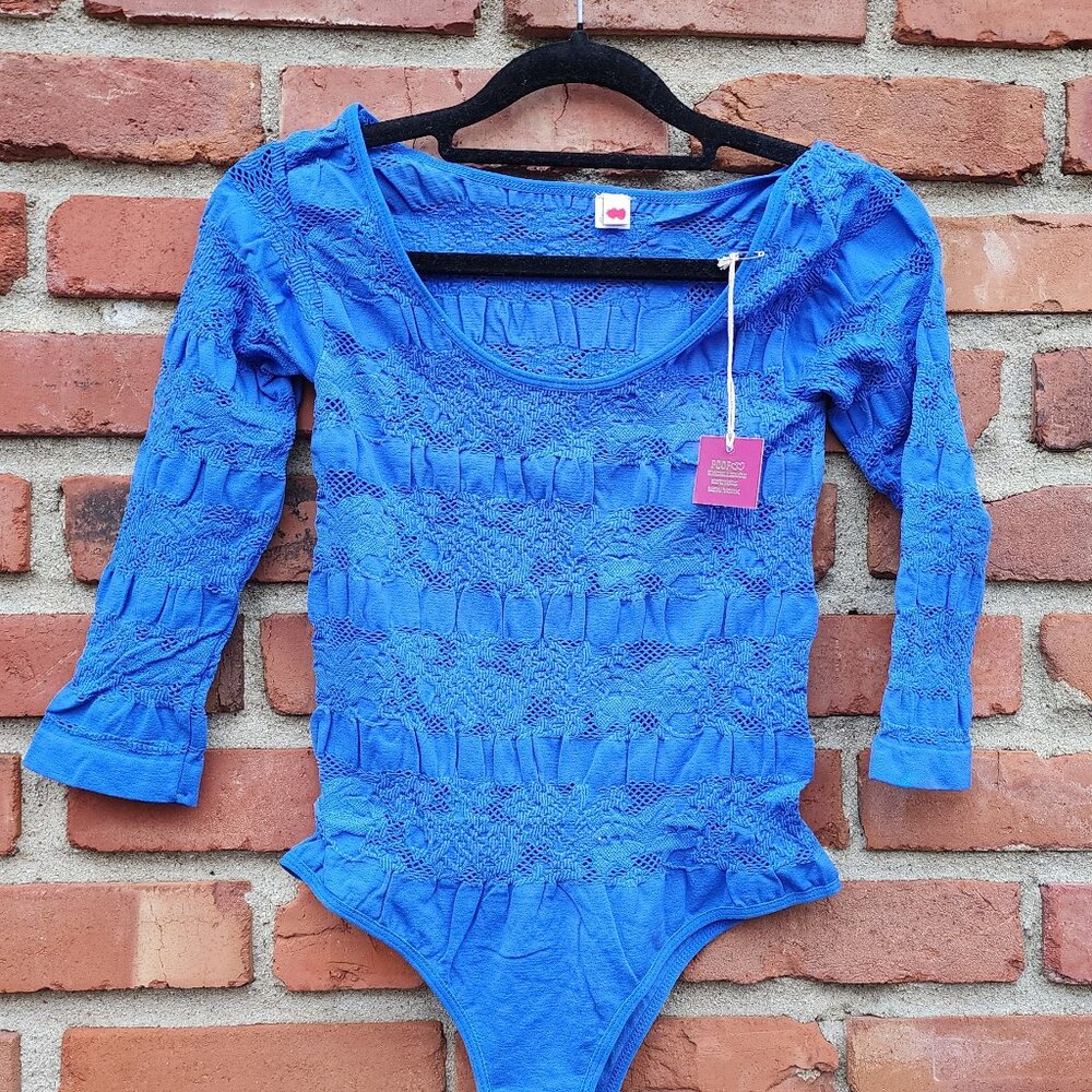 Poof Blue Lace Long sleeve Body suit NWT